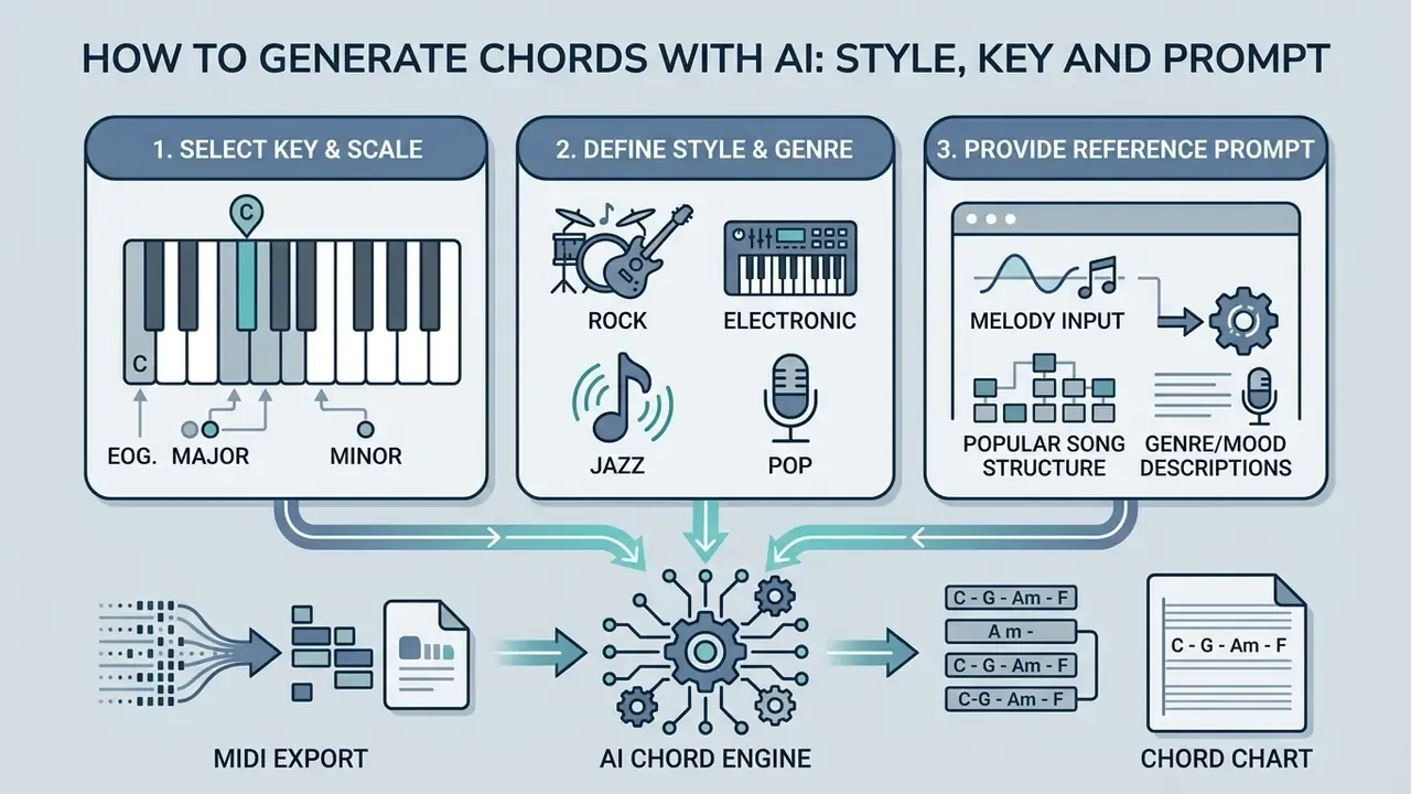 Three-step process for an AI chord progression generator involving key selection, style, and prompting