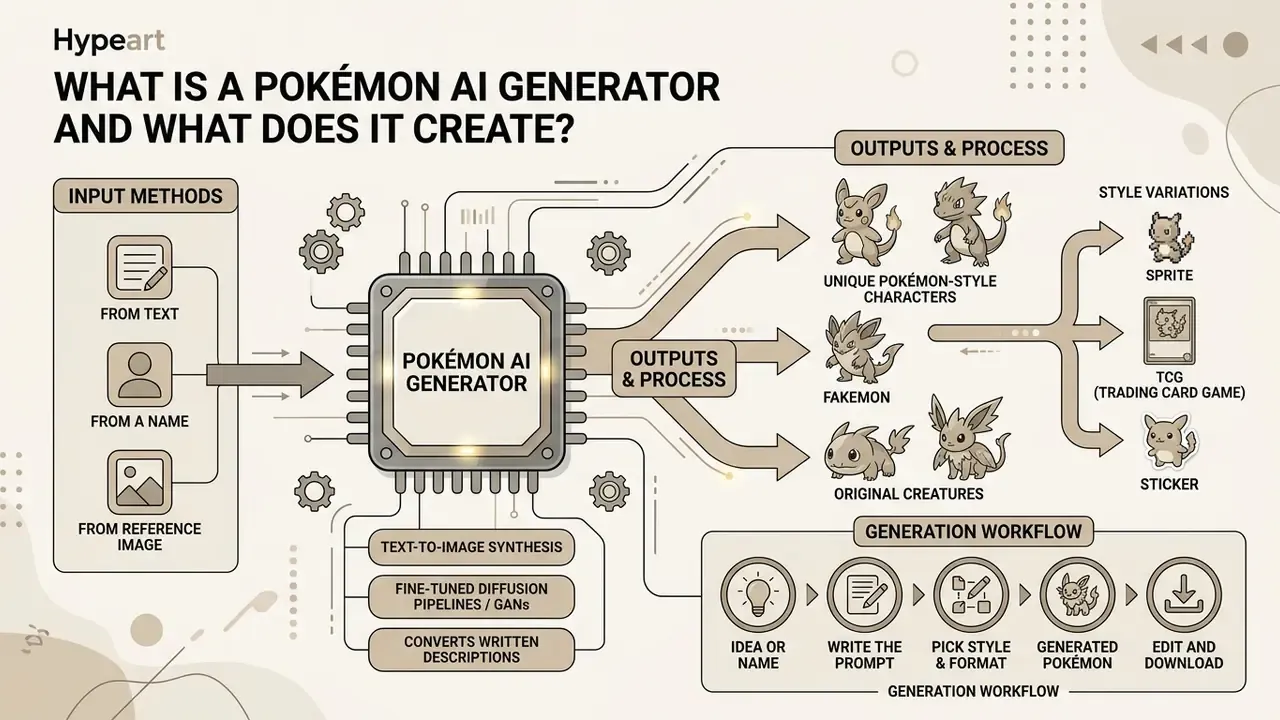 Diagram showing how a Pokémon AI generator processes various inputs to create stylized creature designs