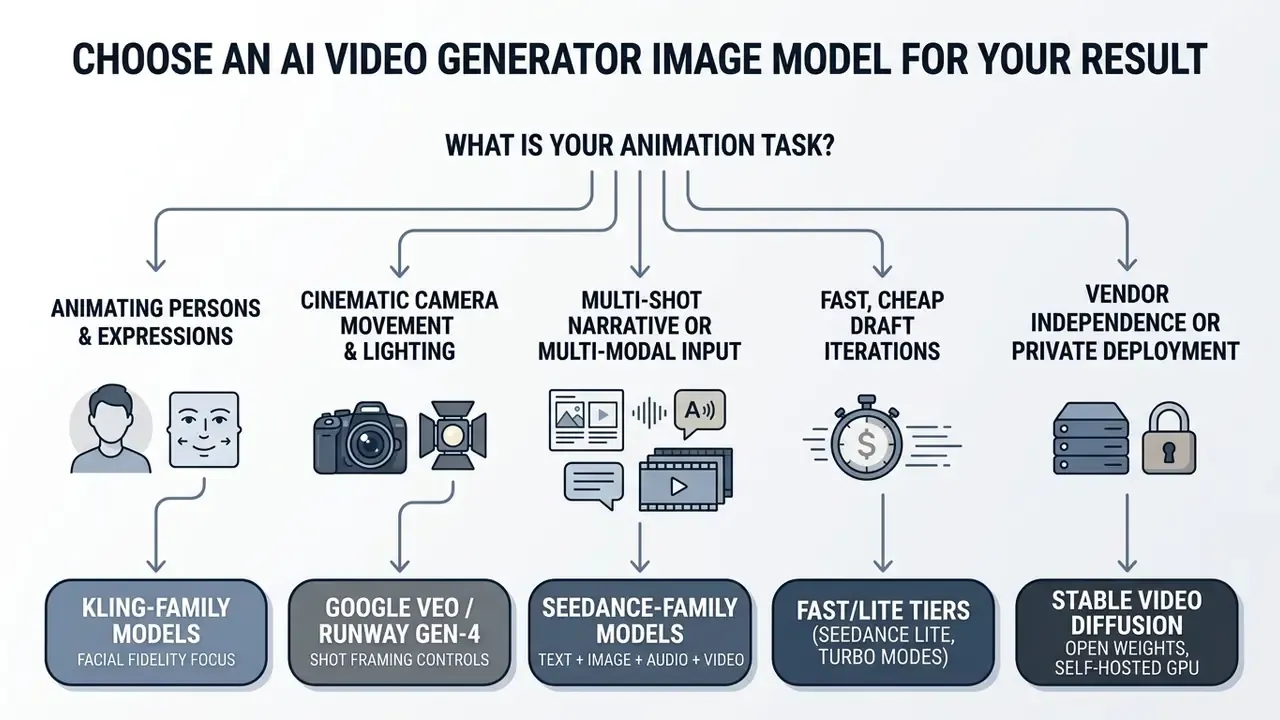 Decision tree matching specific animation tasks to recommended AI video generator model categories