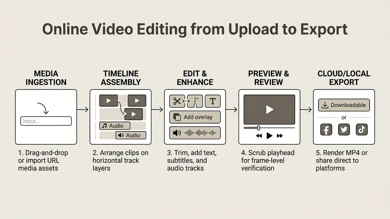 Five step process diagram showing how to edit a video online from media ingestion to final export