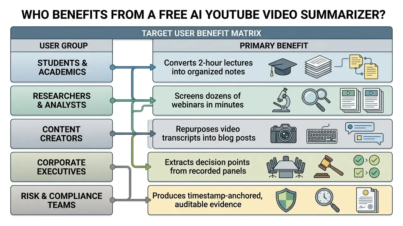 Matrix mapping professional user groups to specific benefits of using a YouTube video summarizer online free
