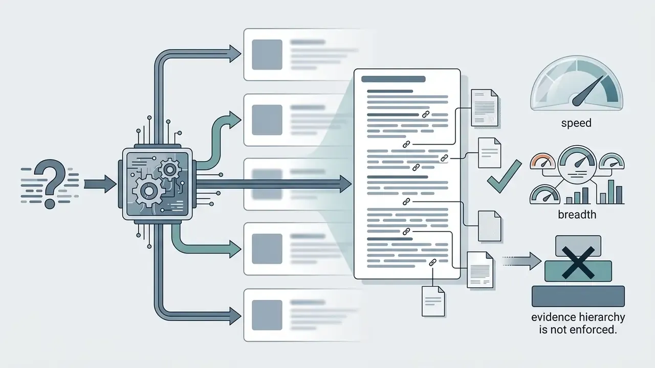 Research query processed by a central unit into five outputs with linked documents and performance gauges