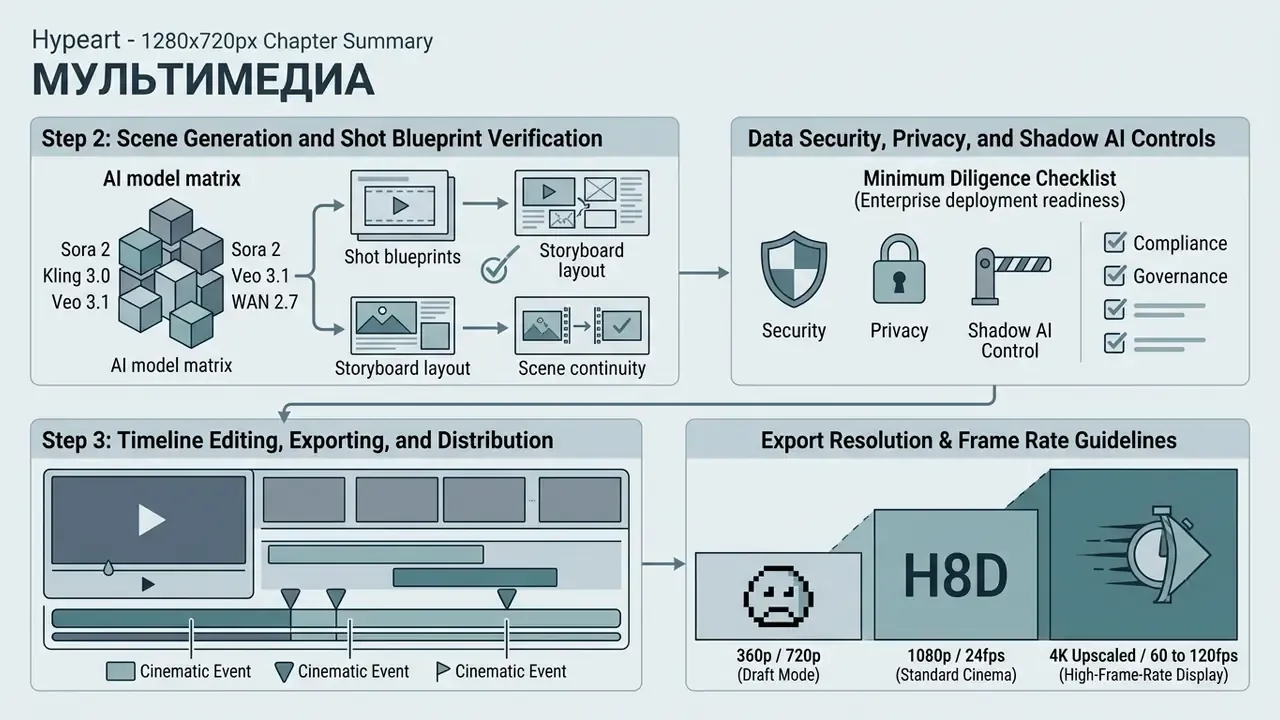 Process steps for scene generation, security compliance, timeline editing, and video export specifications