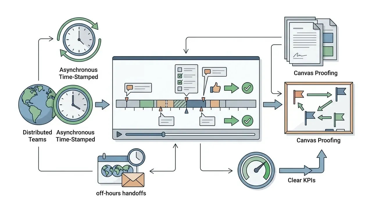 Global teams using time-stamped video markers and canvas proofing to coordinate off-hours handoffs