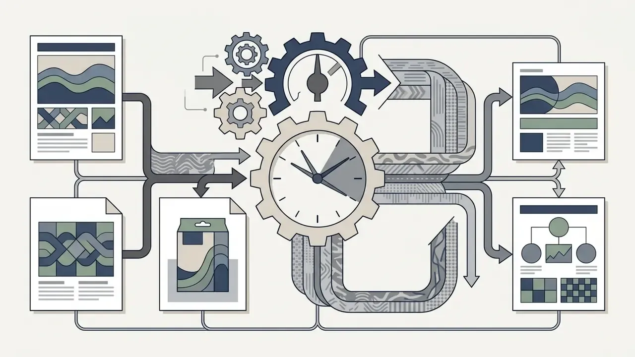 Interconnected gears and a clock face processing documents into standardized visual patterns and charts