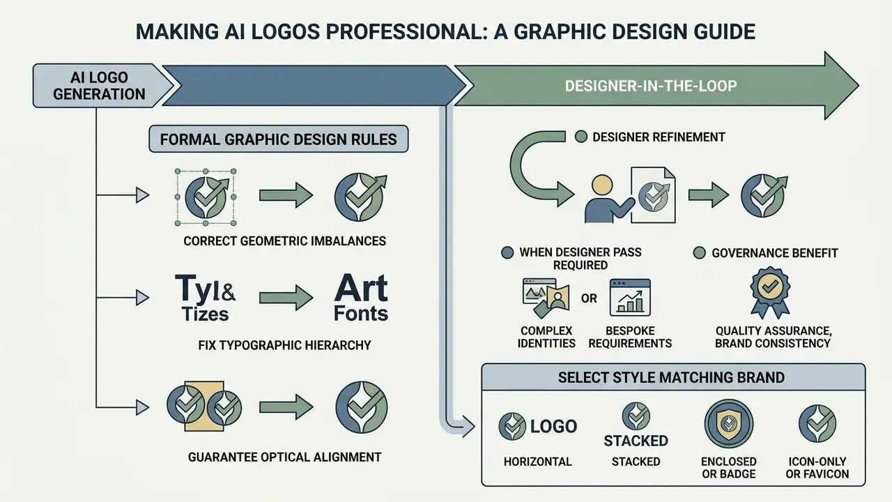Diagram illustrating graphic design refinements and style selection for brand identity development