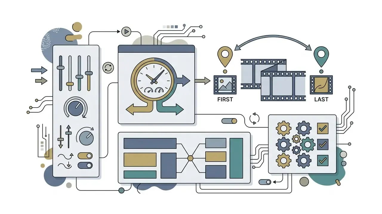 Control panel with sliders and dials connected to a clock, film strip markers, and gear icons