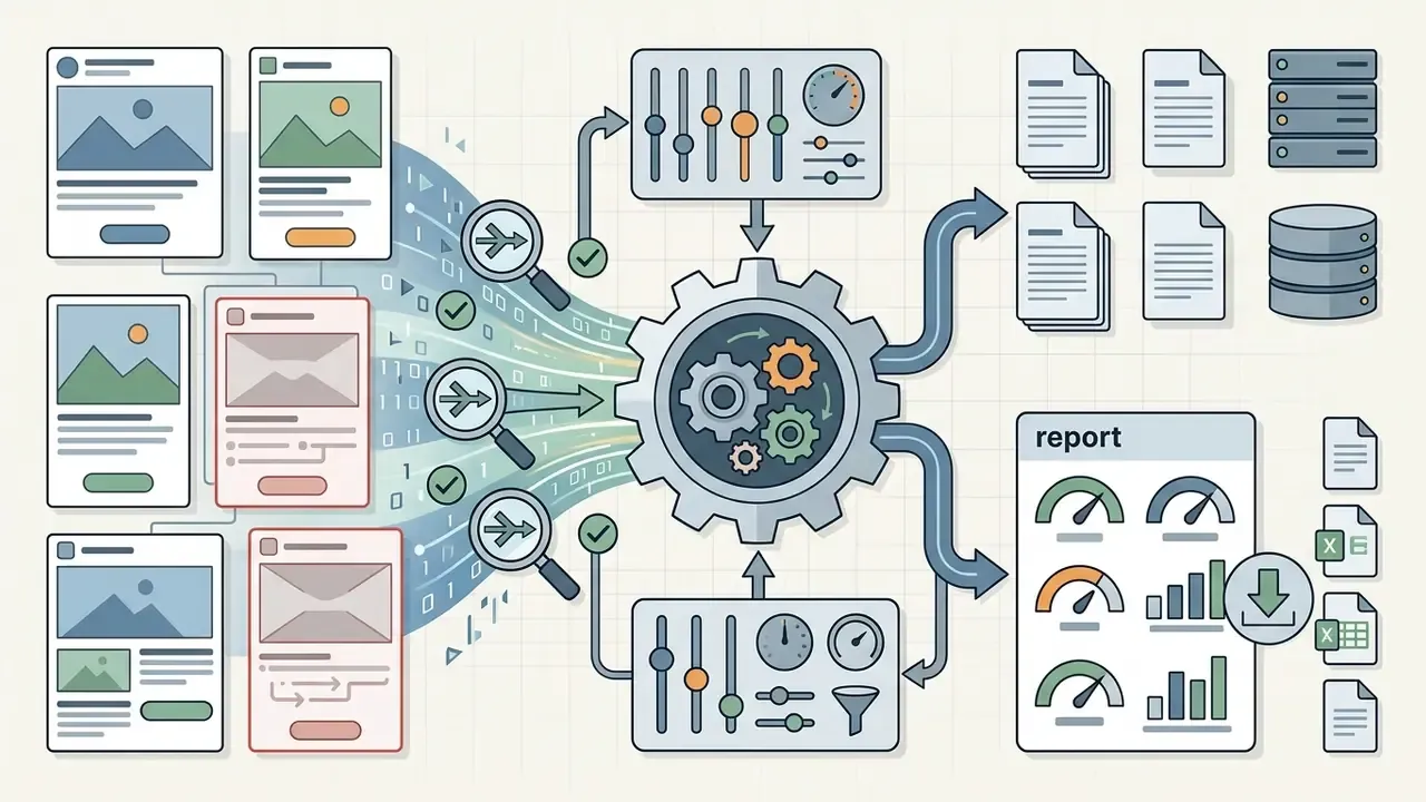 Social media advertisements feeding into a central gear engine that outputs data reports and file formats