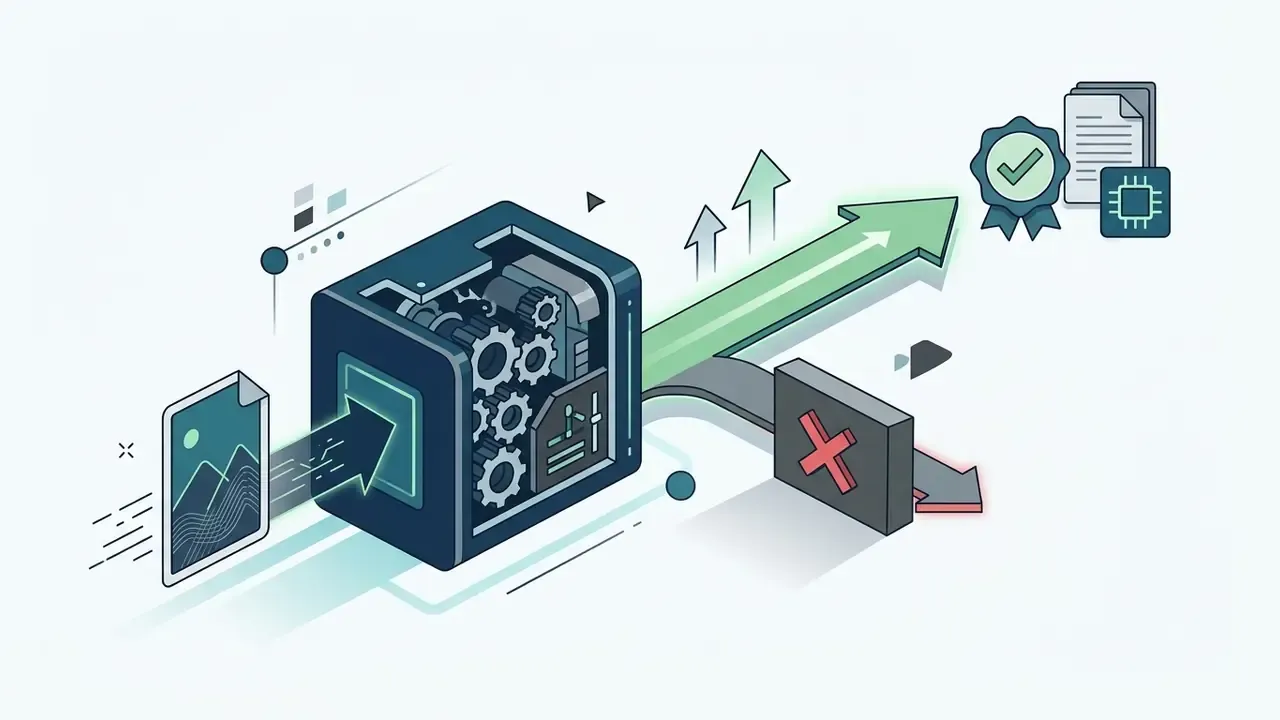 Image file entering a gear mechanism that routes data toward a successful output while blocking errors