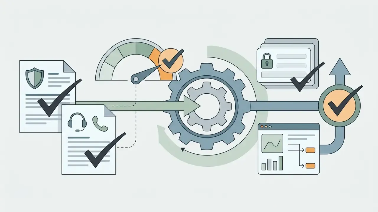 Documents with checkmarks and a gauge feeding into a gear mechanism to produce verified app metadata