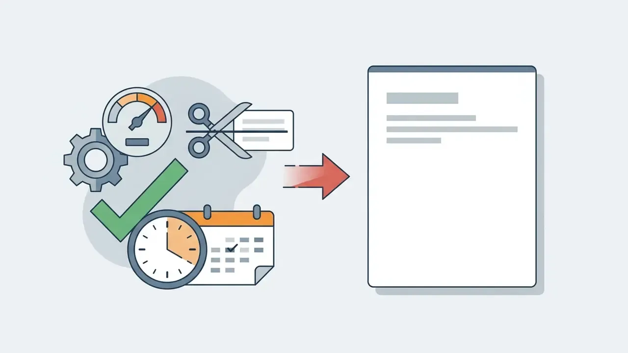 Icons of a speedometer, scissors, checkmark, and calendar pointing toward a document page