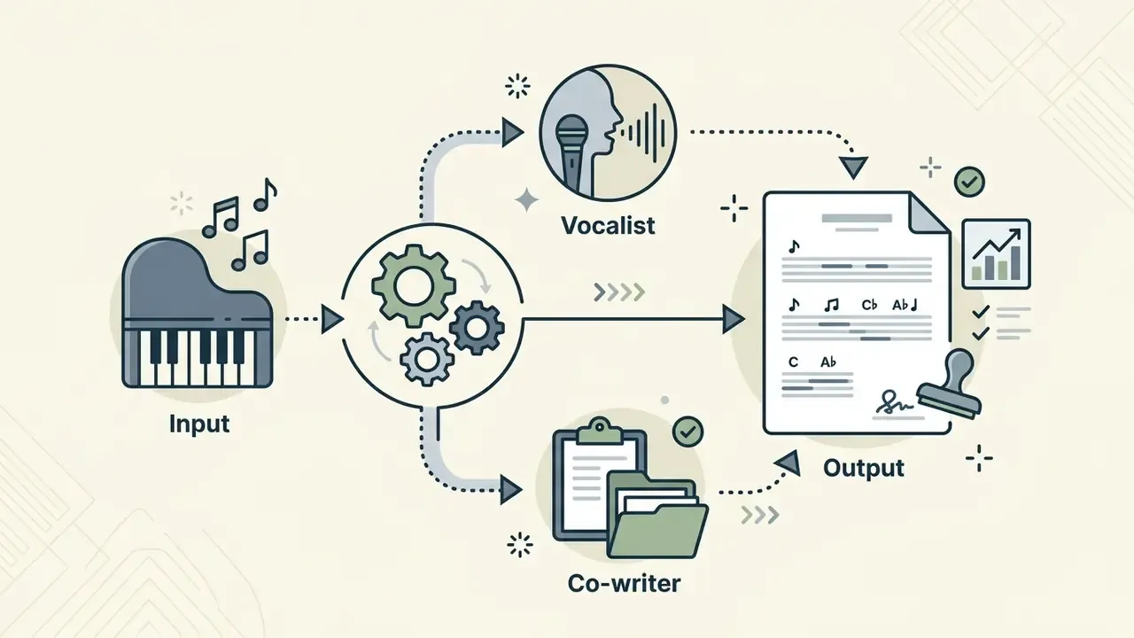Piano input processed by gears into sheet music for a vocalist and co-writer to review and finalize