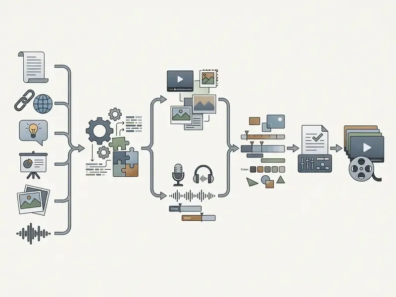 Step-by-step diagram showing the Pictory AI text to video process from initial input to final export