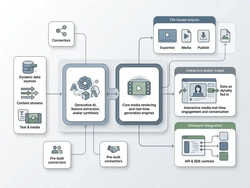 Diagram showing the D-ID AI video generator workflow from data sources to output and API integration