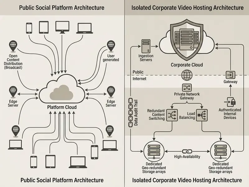 Diagram contrasting public social network cloud distribution with isolated corporate hosting architecture