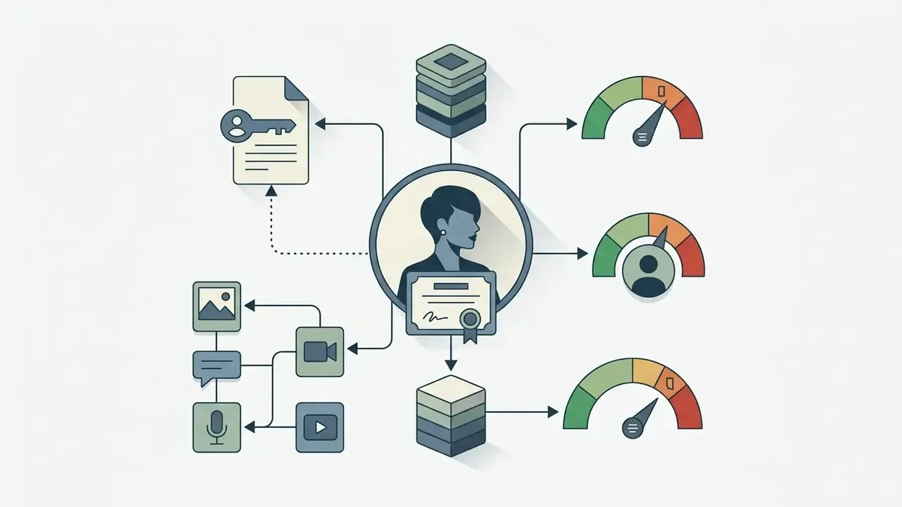 Central persona icon connected to data storage, risk gauges, and media output icons