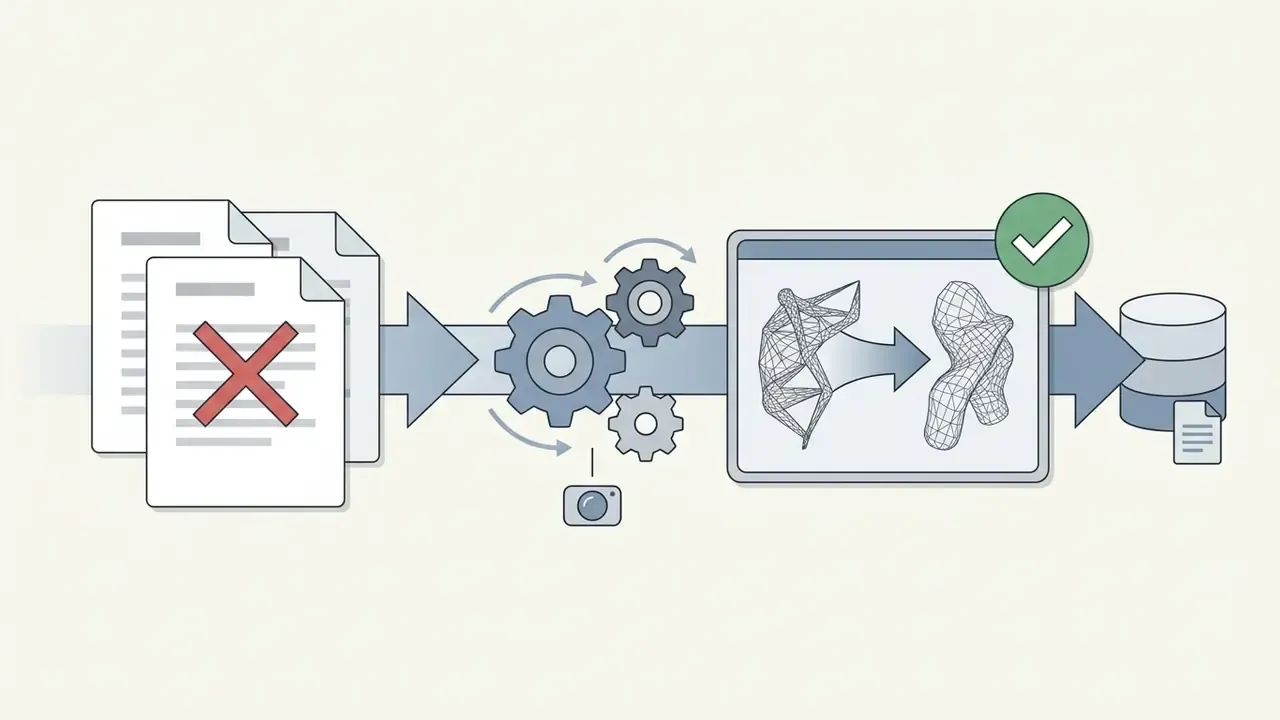 Documents marked with an X moving through a gear mechanism to generate 3D mesh models for storage