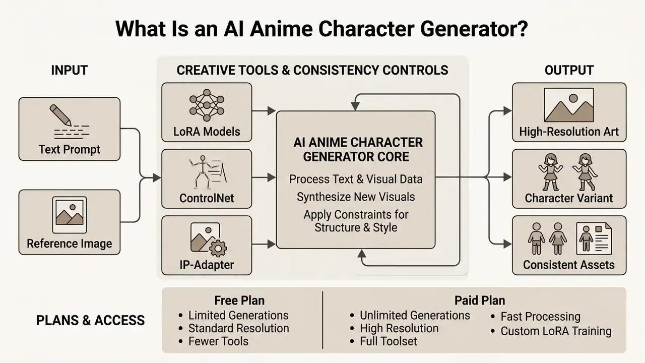 Block diagram showing the input, processing, and output stages of an AI anime character generator