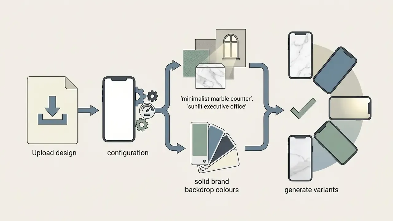 Process showing design upload, background configuration with prompts or colors, and final variant output