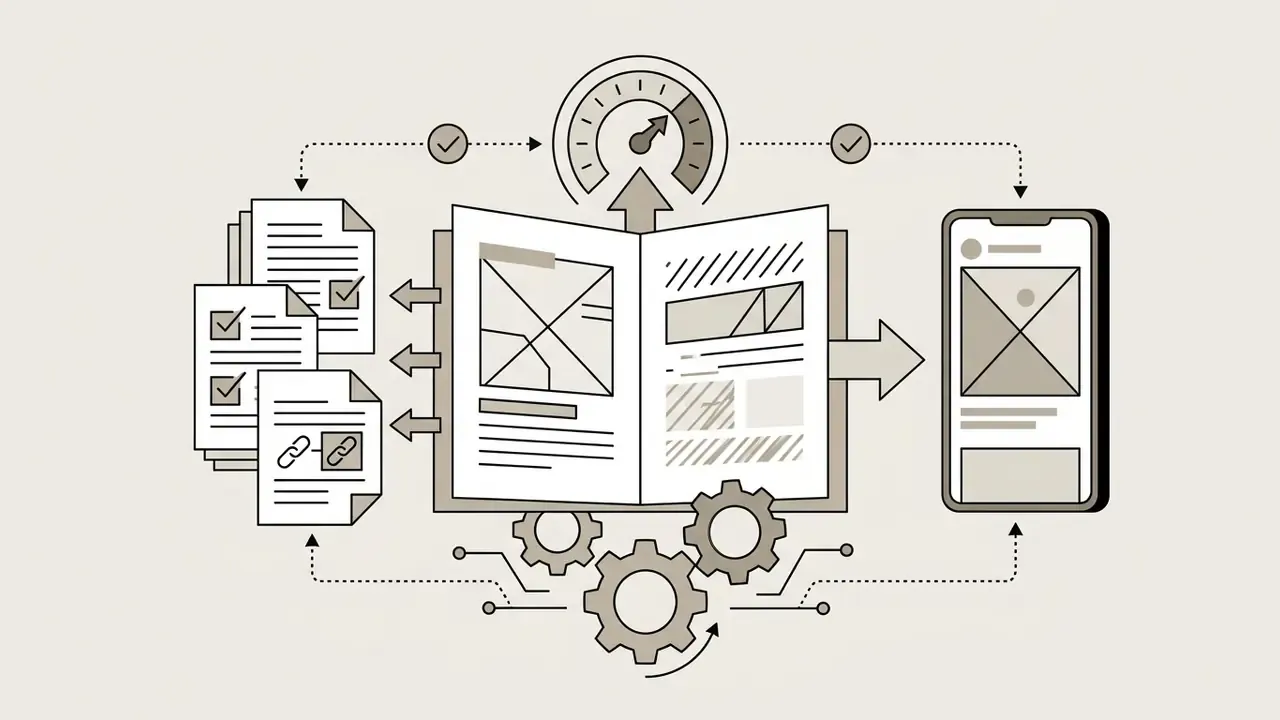 Technical documentation feeding into a central manual linked to a speedometer, gears, and a mobile device