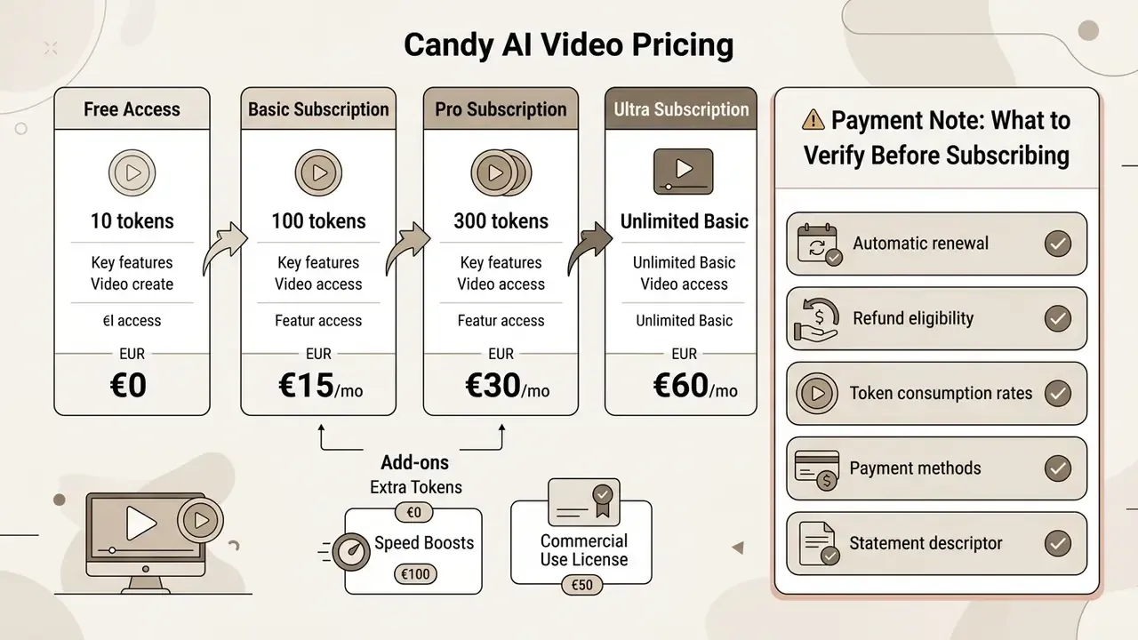 Summary table of Candy AI Videos subscription tiers, add-ons, and essential payment verification steps