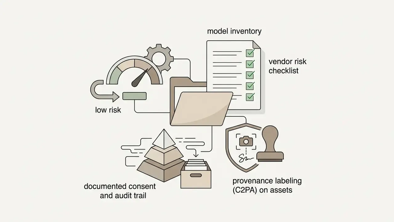 Icons representing model inventory, risk checklists, audit trails, and provenance labeling for digital assets