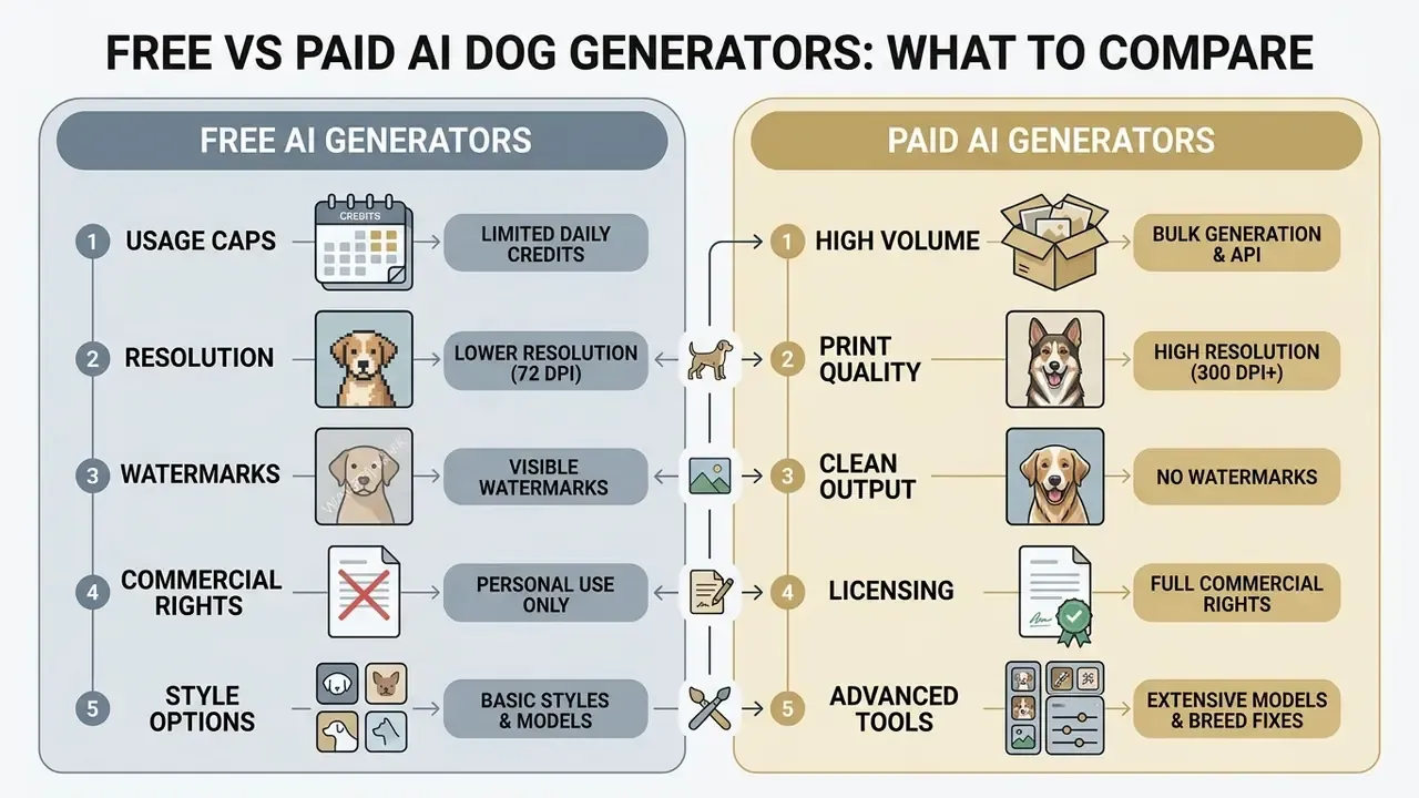 Comparison table showing differences in usage, quality, and licensing between free and paid generation tools