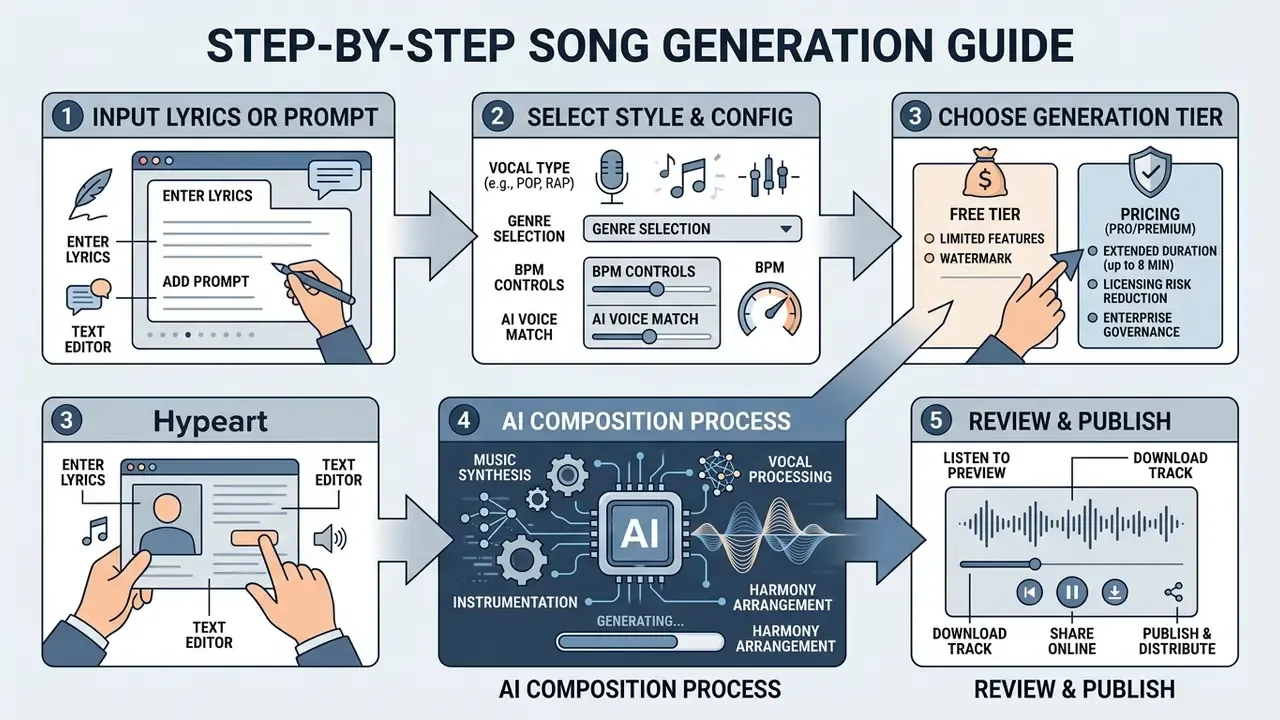 Five numbered steps illustrating the workflow to create an AI song generator from lyrics