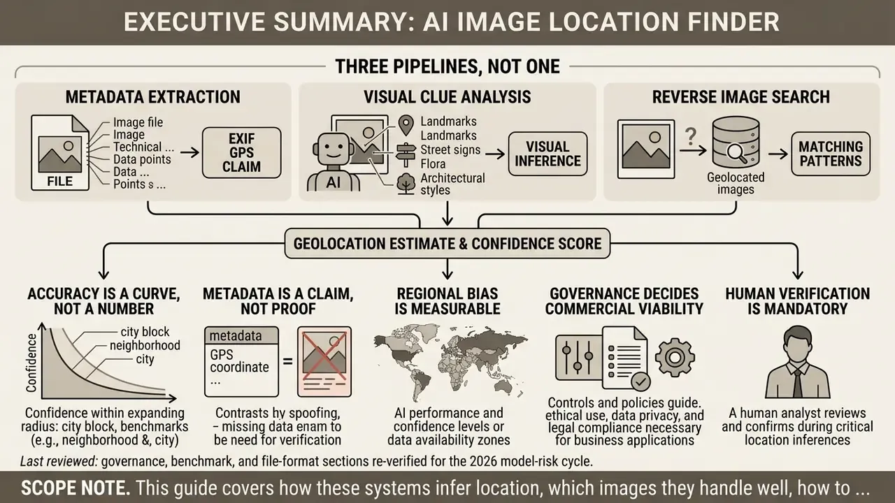 Flowchart showing three AI image location finder pipelines converging into a single confidence score