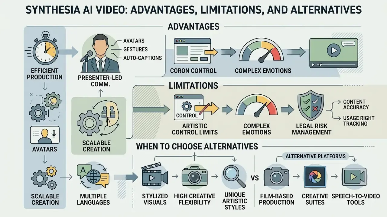 Summary infographic comparing production benefits, operational constraints, and alternative video tools