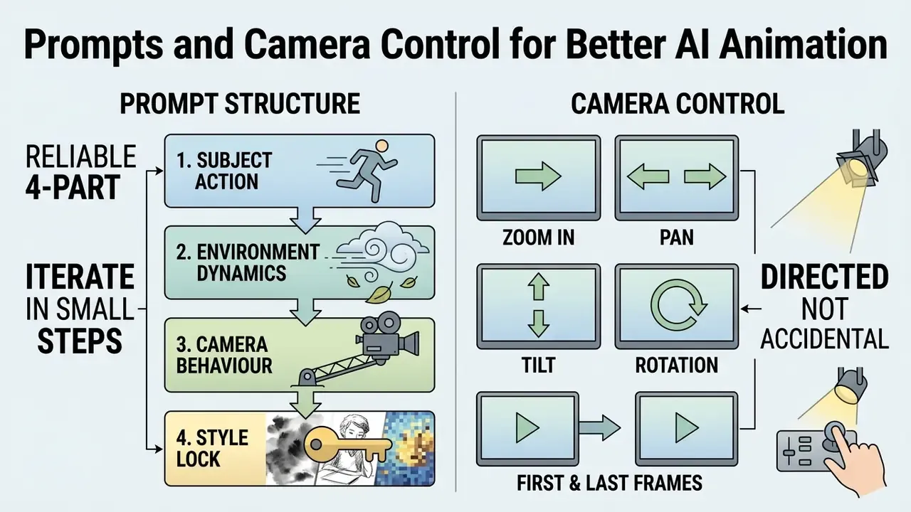 Infographic detailing a four-part prompt structure and various camera movement techniques for AI animation