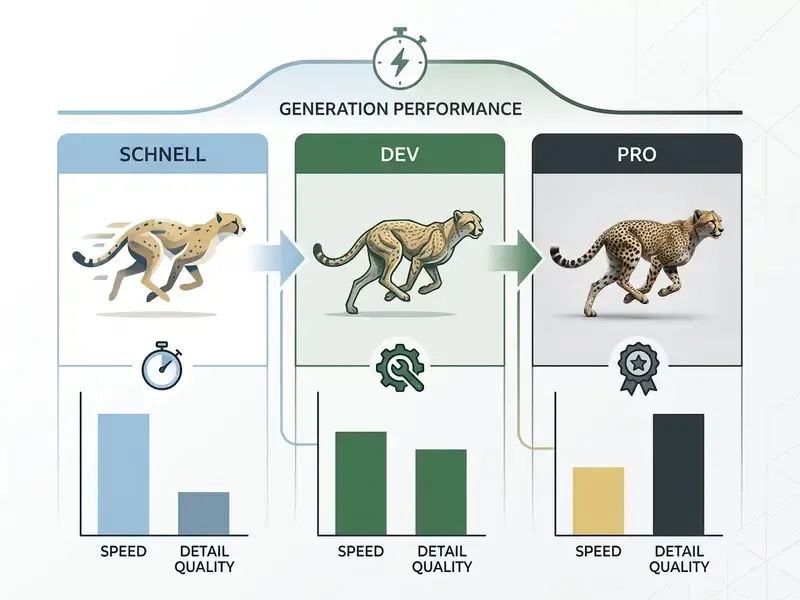 Comparison of FLUX models using cheetah icons and bar charts to show trade-offs between speed and quality