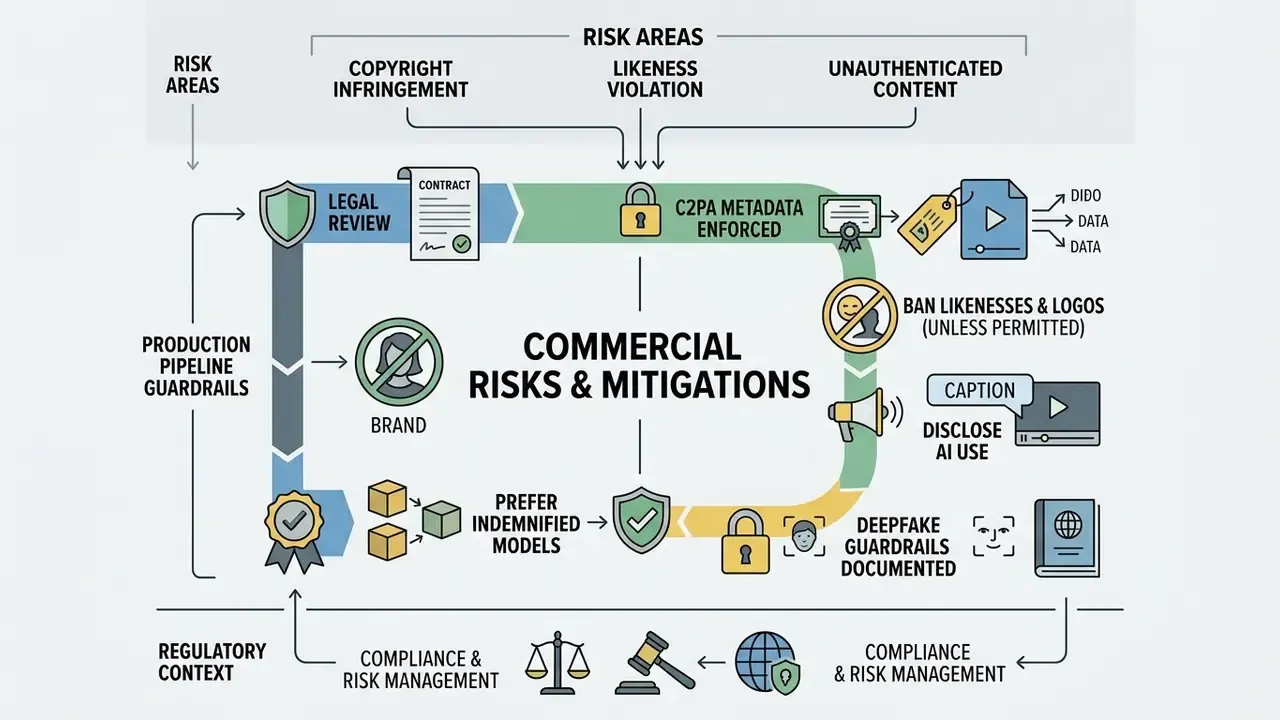 Infographic showing a circular workflow for managing commercial risks and mitigations in AI video production