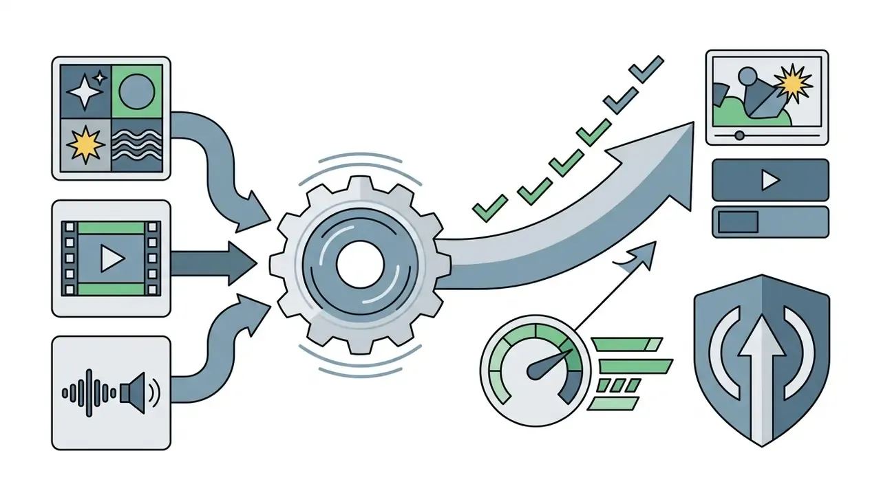 Icons for image, video, and audio tools feeding into a central gear to produce media and gauge performance