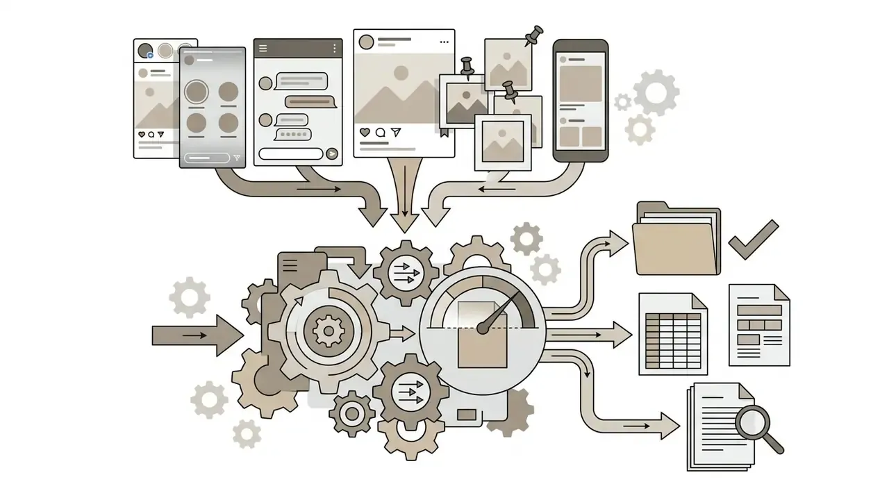 Social media feeds and mobile screenshots feeding into a gear mechanism that outputs organized files