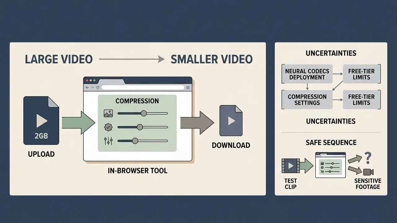 Infographic mapping video compression steps alongside technical uncertainties and a safe testing workflow