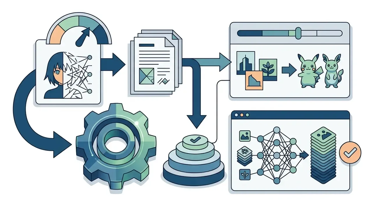 Process showing model training parameters, document inputs, and neural network image generation steps