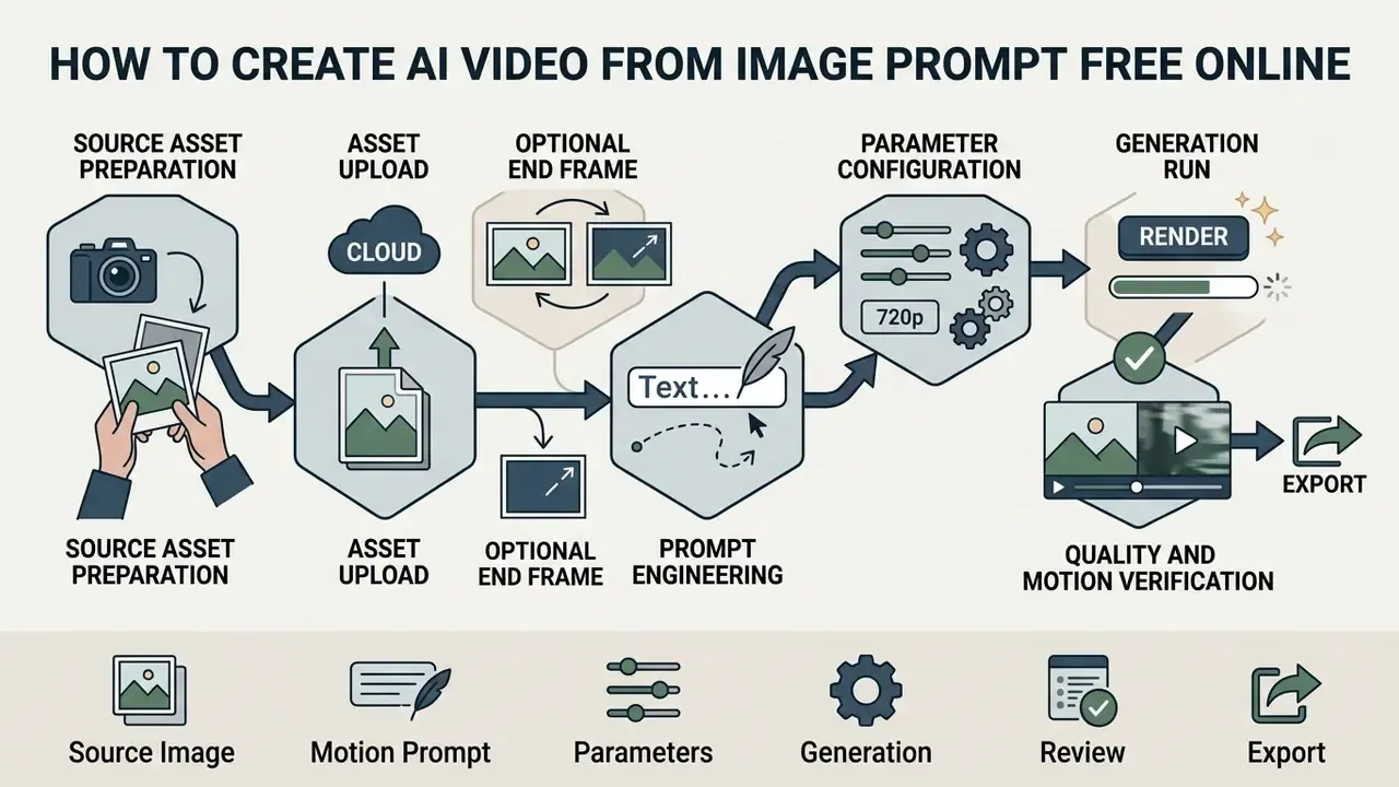 Step-by-step workflow infographic showing how to create AI video from image prompt free online