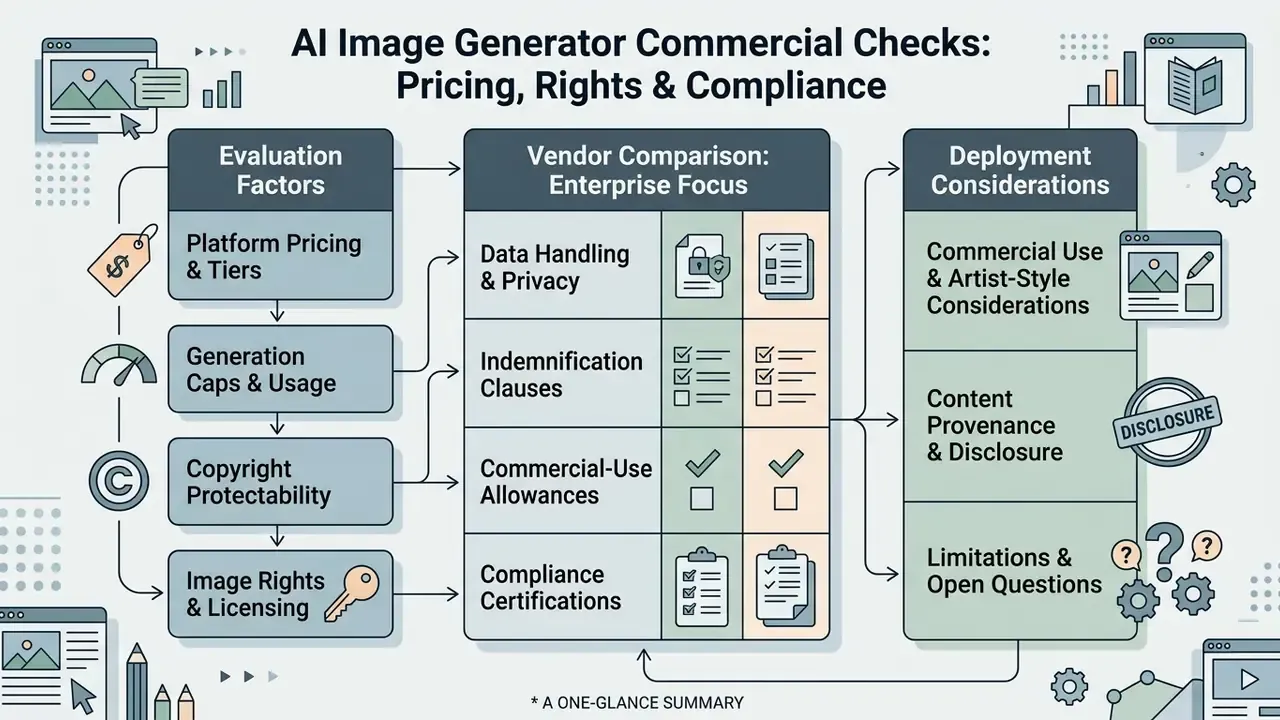 Infographic mapping evaluation factors, vendor comparisons, and deployment considerations for AI tools