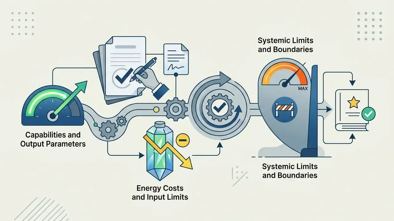 Process flow with gauges, gears, and documents illustrating energy costs and systemic boundary limits