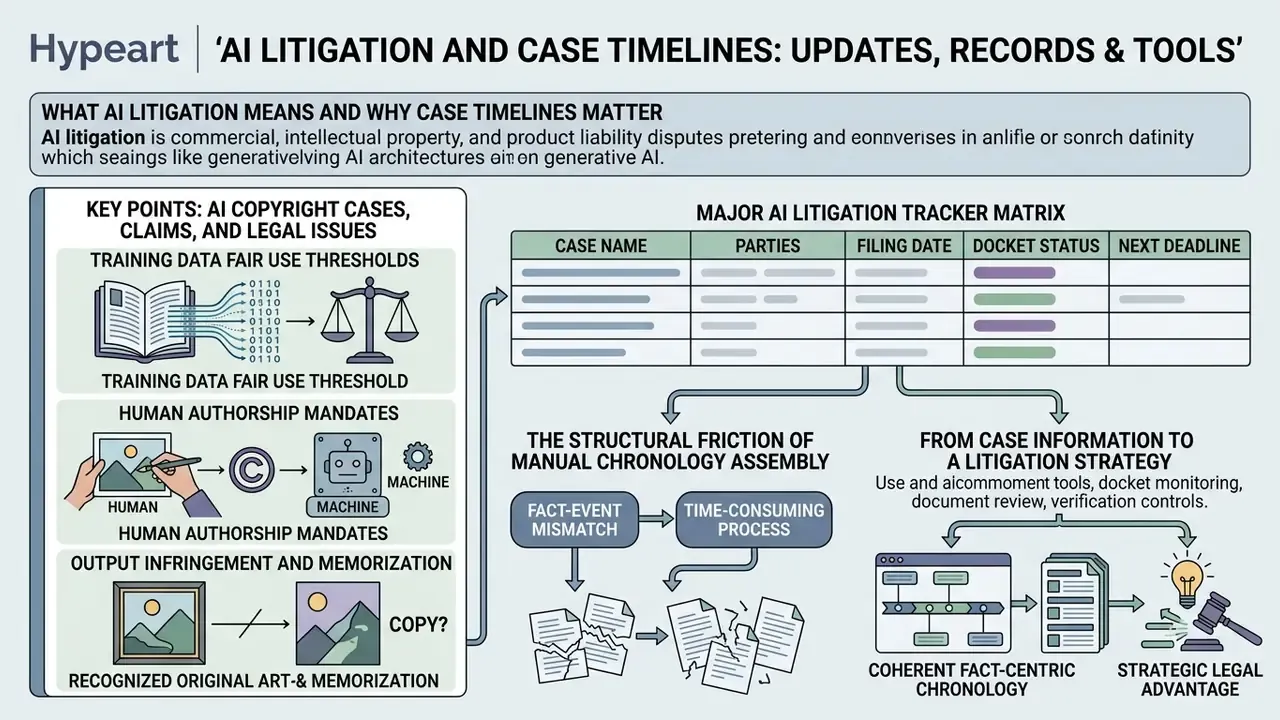 Infographic showing AI legal issues, a case tracker matrix, and the process of building litigation strategy