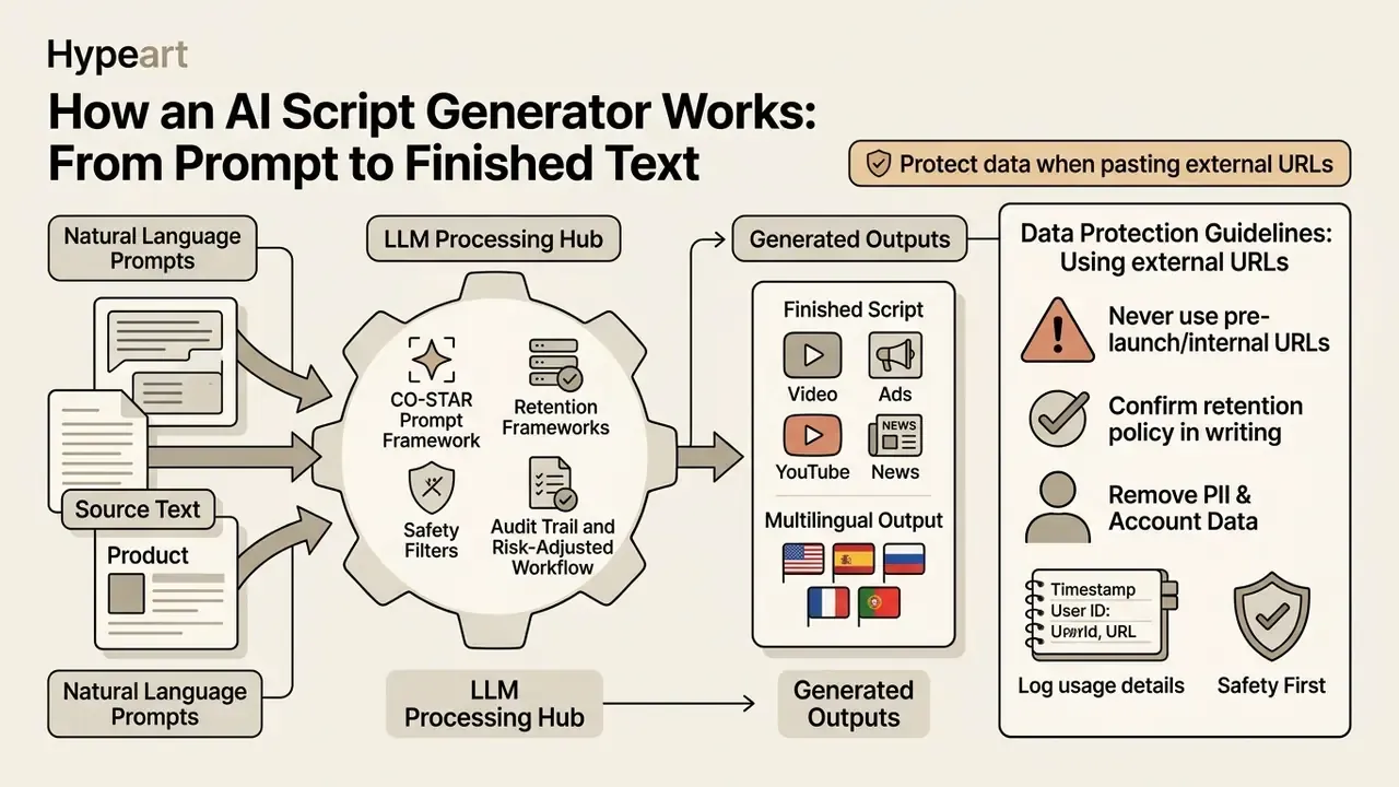 Infographic showing how an AI script generator processes inputs through an LLM hub to create outputs