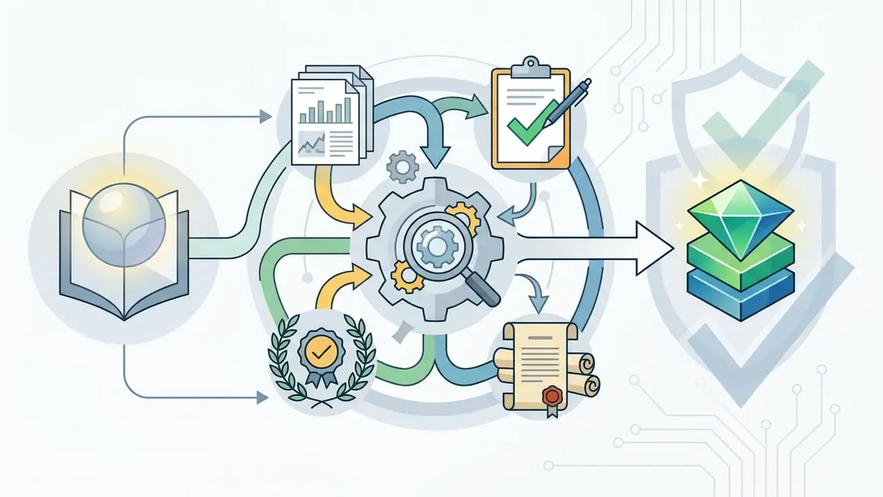 Data sources and expert credentials feeding into a central gear system to produce a polished output