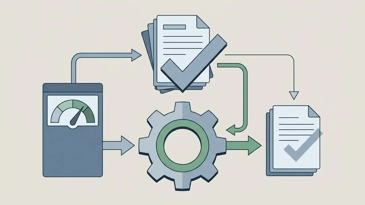 Process cycle showing a gauge, a gear, and document stacks representing an automated review workflow