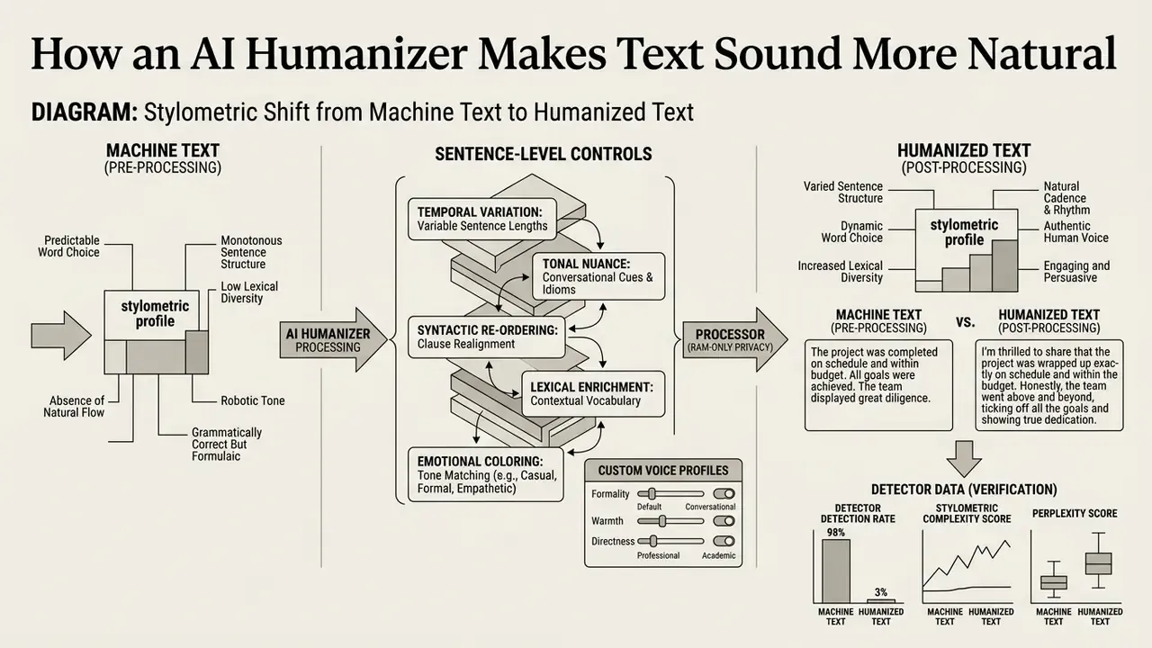 Diagram illustrating the transformation of robotic machine text into nuanced humanized writing