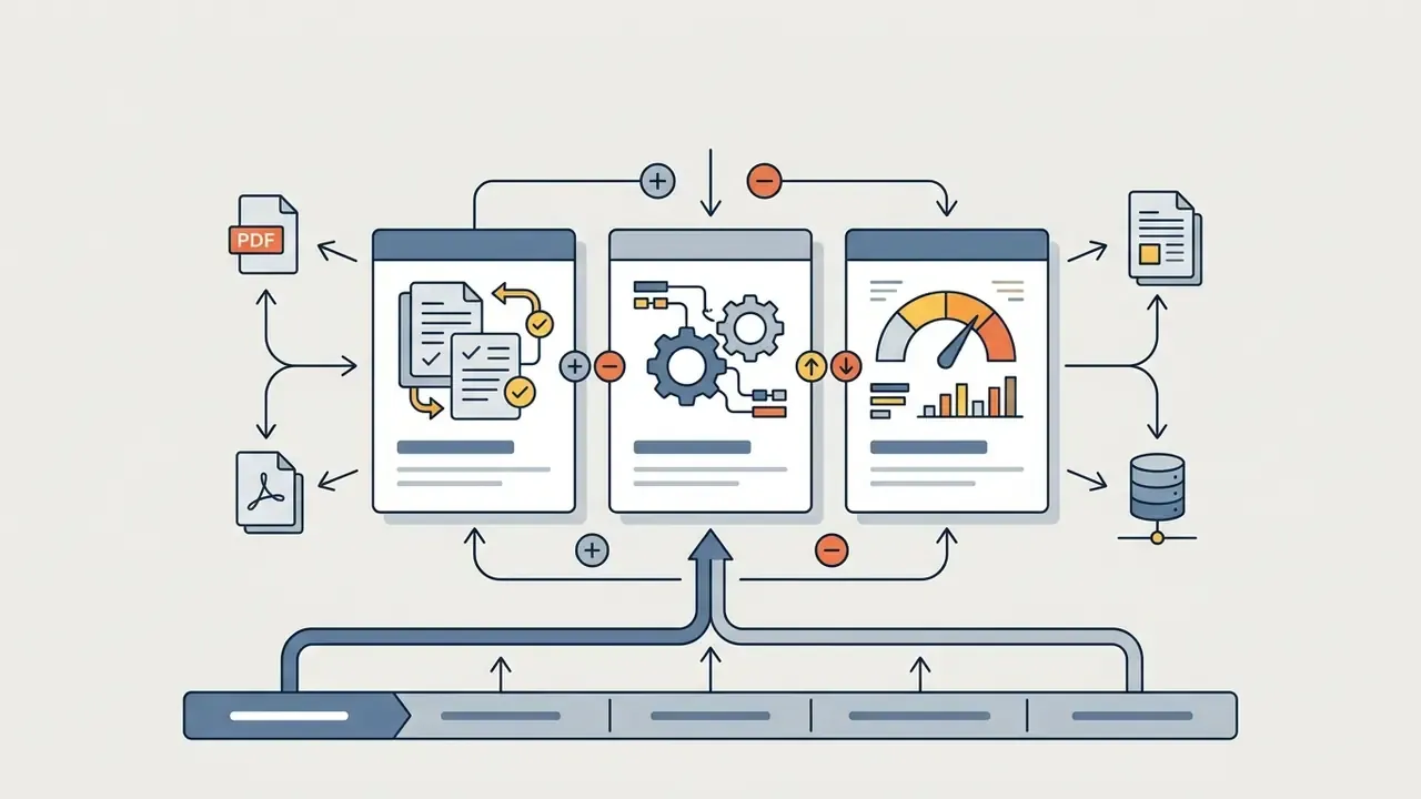 Three panels showing document processing, gear-driven logic, and performance metrics with output icons