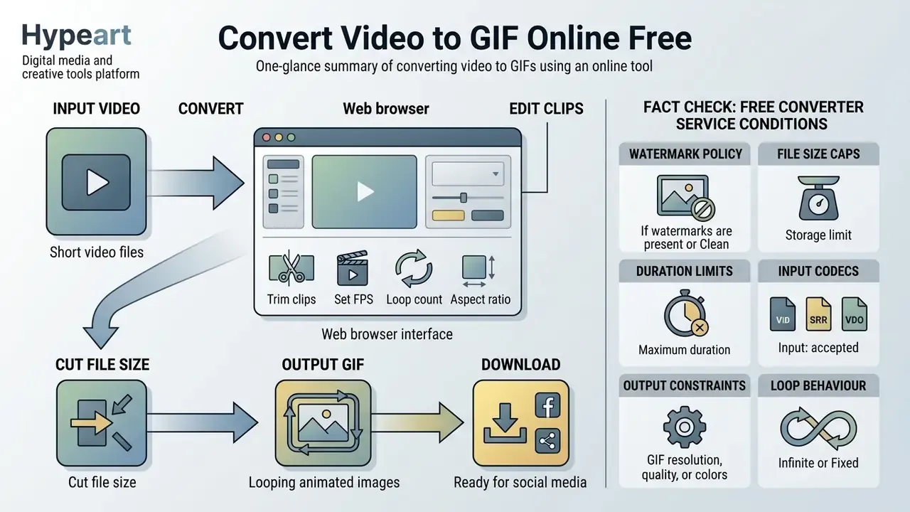 Infographic showing the process of using a web browser to convert video to GIF online
