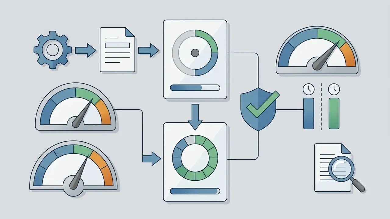 Gear and document icons feeding into processing modules with gauges and a shield icon for consistency checks