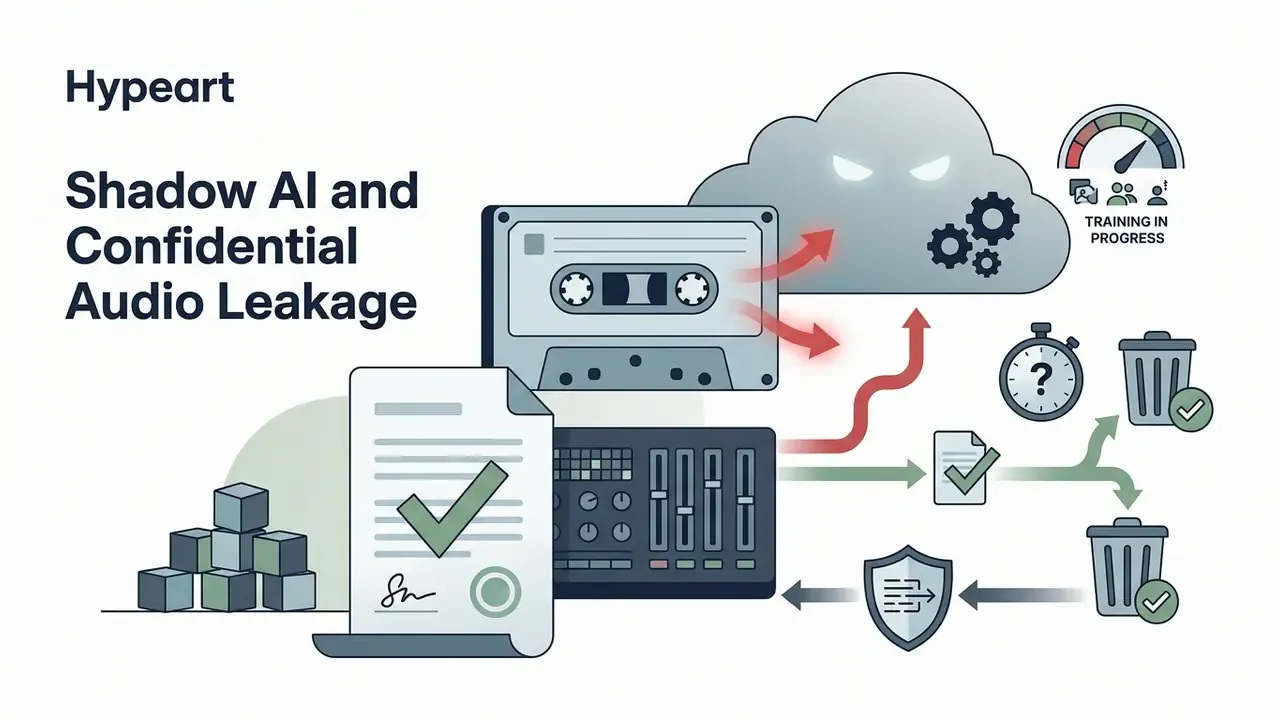 Cassette and mixer audio data flowing toward a cloud, with document verification and deletion icons