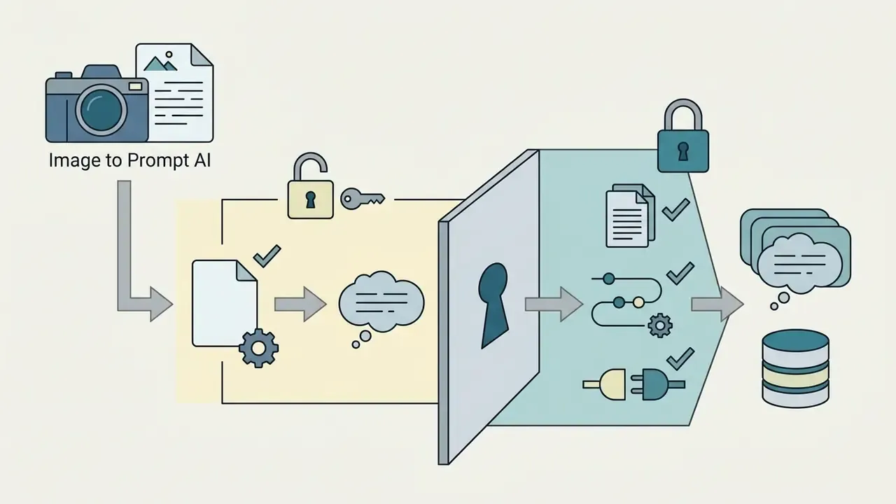 Camera and document icons passing through a locked gate to access advanced account features and storage